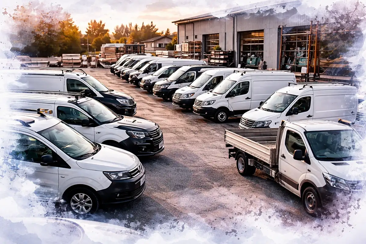 weiße Firmenfahrzeuge verschiedener Modelle auf dem Hof der Firma