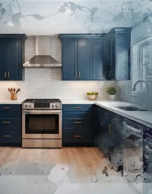 Dunkelblau lackierte Küche mit Edelstahl Herd, Abzugshaube und Wasserhahn